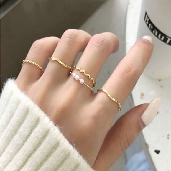 Gold 5pc Cuff Faux Pearl Geometric Ring Set - Picture 1 of 1